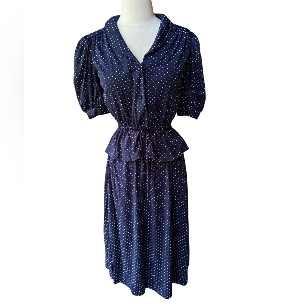 Deadstock 1970s Nando Jones 2-Piece Polka Dot, Poly, Button Down Tie Top Skirt S